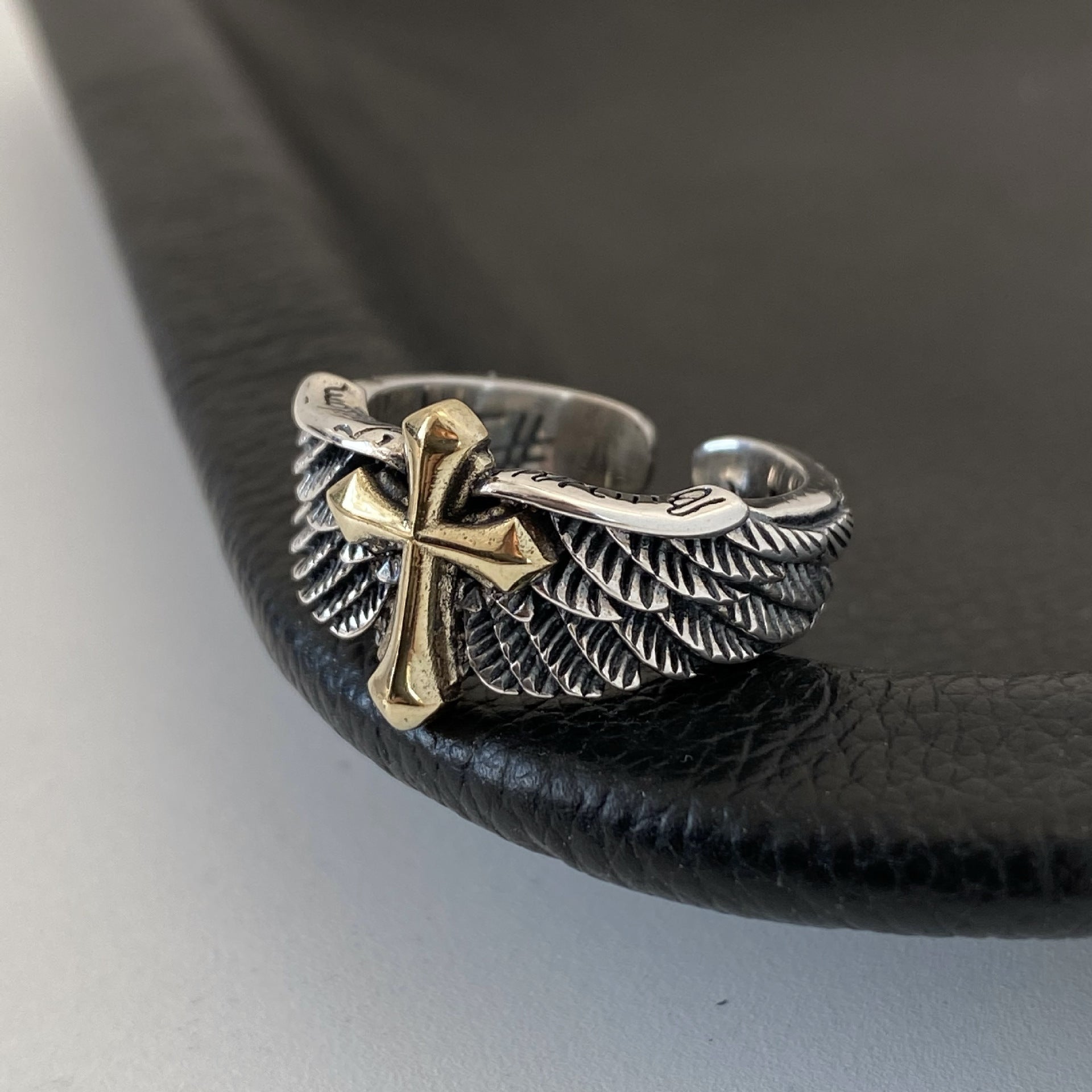 Wholesale Retro S925 wings cross graffiti letters open ring domineering personality men's ring